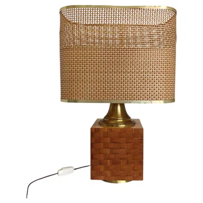 Pre-owned Gabriella Crespi Mid Century Table Lamp In Brass And Wicker, In The Style Of Gabriella Crepi In Brown