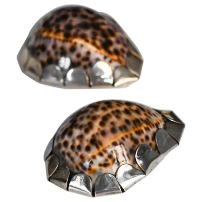 Pre-owned Gabriella Crespi Pair Of  Shells With Hand-decorated Silver Metal Application In Brown