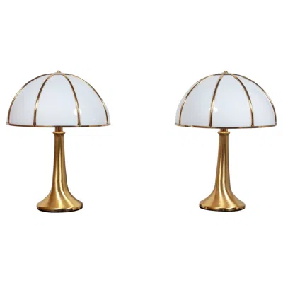 Pre-owned Gabriella Crespi Pair Of Large  "fungo" Table Lamps In Brushed Brass And Acrylic In Transparent