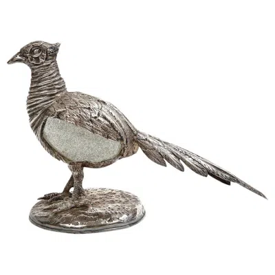 Pre-owned Gabriella Crespi Pheasant Sculpture In Silvered Bronze & Glass, 1970s, Signed In Gold