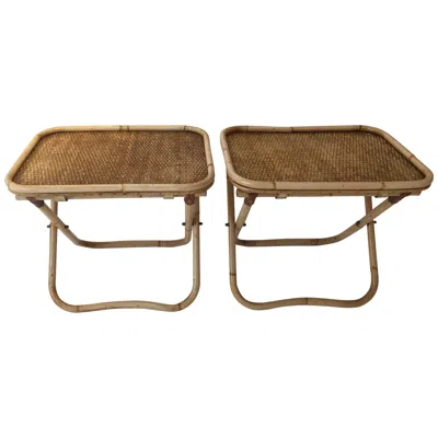 Pre-owned Gabriella Crespi Signed  Rattan Collapsible Tray Tables, Pair In Brown