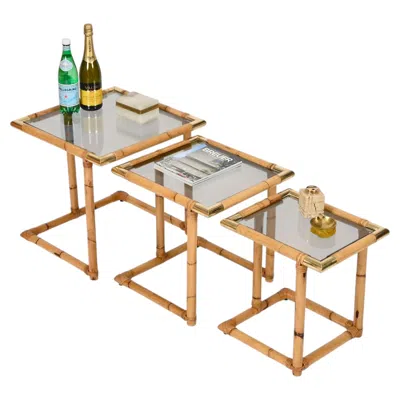 Pre-owned Gabriella Crespi Style Set Of 3 Nesting Tables In Bamboo And Brass, Italy, 1970s In Brown