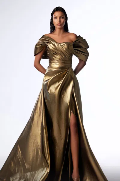 Gaby Charbachy Draped Sleeve Gown With Overskirt In Gold