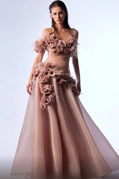Gaby Charbachy Off Shoulder Floral Embroidered Gown In Beige