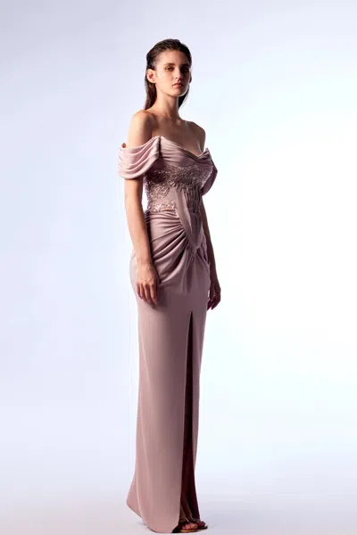 Gaby Charbachy Off-shoulder Ruched Embroidered Gown In Multi
