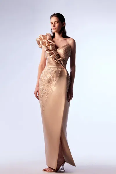 Gaby Charbachy One-shoulder Embroidered Evening Dress In Multi