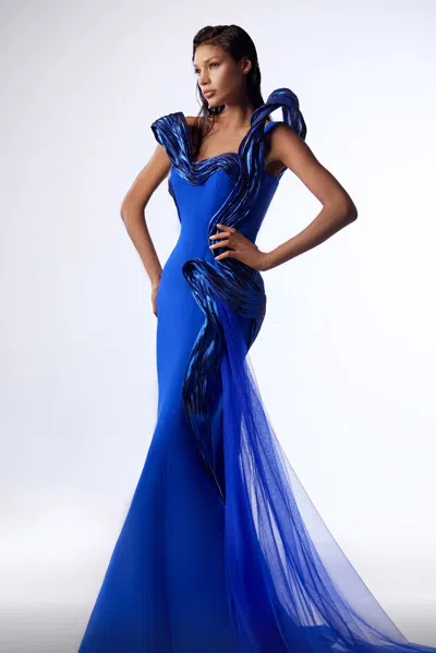Gaby Charbachy One Shoulder Sculpted Flared Gown In Blue