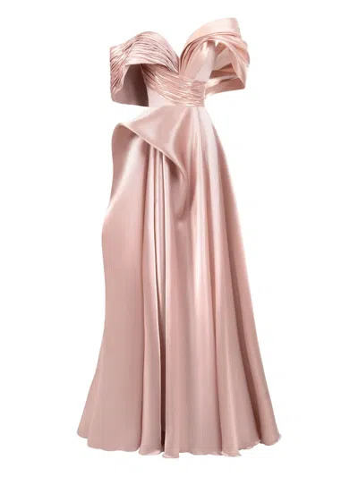 Gaby Charbachy Pleated Off-shoulder Evening Gown In Pink