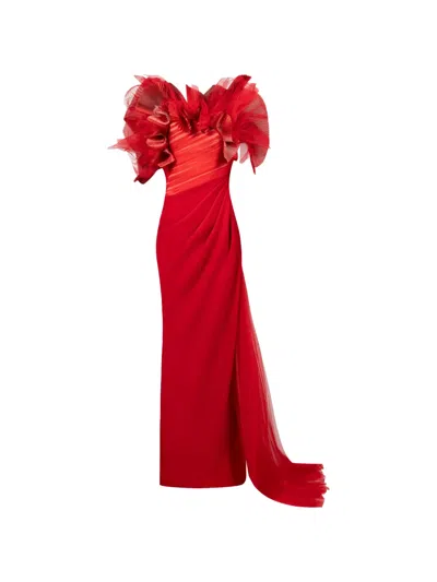 Gaby Charbachy Ruffled Train Maxi Dress In Red