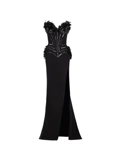 Gaby Charbachy Sequin-embellished Floral-appliqué Dress In Black