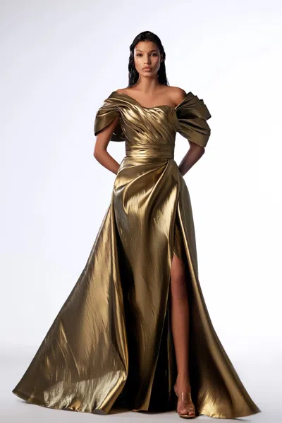 Gaby Charbachy Short Sleeve Ruched Evening Gown In Multi