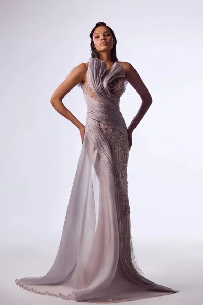 Gaby Charbachy Sleeveless Ruched Embroidered Gown In Multi