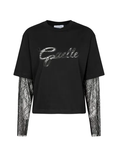 Gaelle Paris Lace-panel Logo-patch T-shirt In Black