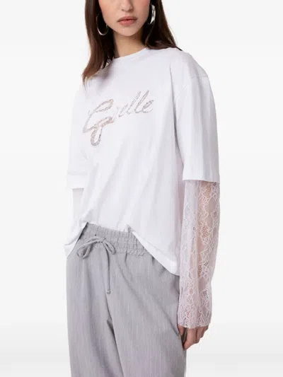 Gaelle Paris Lace-panelled Logo-embroidered T-shirt In White