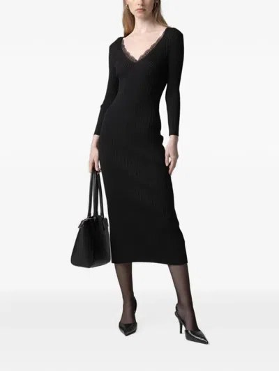 Gaelle Paris Lace-trim Ribbed-knit Midi Dress In Black
