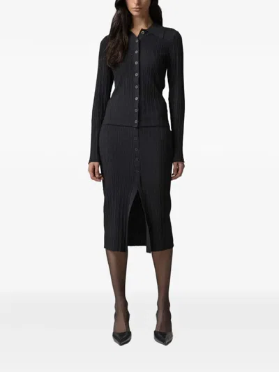 Gaelle Paris Ribbed-knit Button-up Midi Pencil Skirt In Black