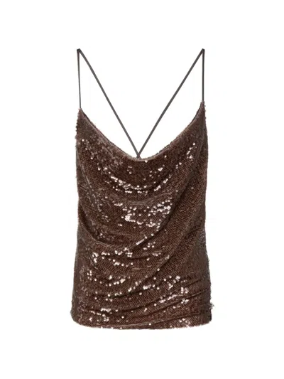 Gaelle Paris Sequin-embellished Cowl-neck Top In Brown