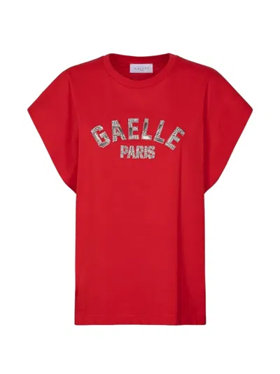 Gaelle Paris Sequin-logo Cap-sleeve T-shirt In Red