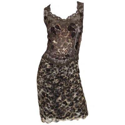 Pre-owned Gai Mattiolo 1990s Sexy Semi Sheer Leopard Brown Metallic Vintage 90s Dress