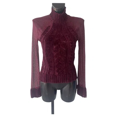 Pre-owned Gai Mattiolo Couture Burgundy Openwork Knit Turtleneck Sweater In Red