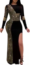 Gaje Lita Heat Stone High Slit Formal Evening Dress In Gold In Black