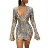 Gaje Sleek Sequin Long Sleeve Bodycon Mini Dress In Silver In Blue