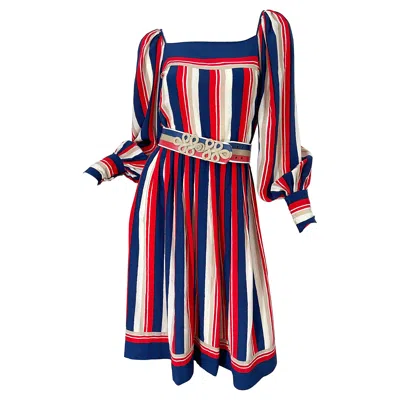 Pre-owned Galanos 1970s  Red White & Blue Bishop Sleeve Striped Silk Vintage 70s Dress