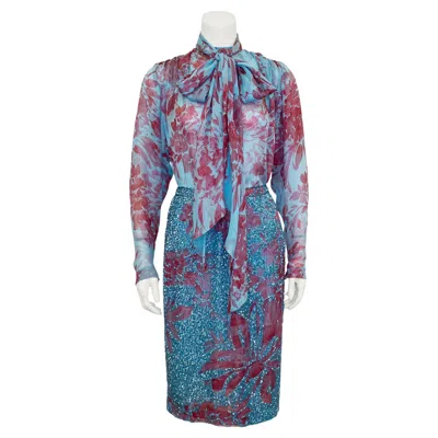 Pre-owned Galanos 1980s  Aqua And Burgundy Floral Top, Beaded Skirt And Scarf Ensemble In Red