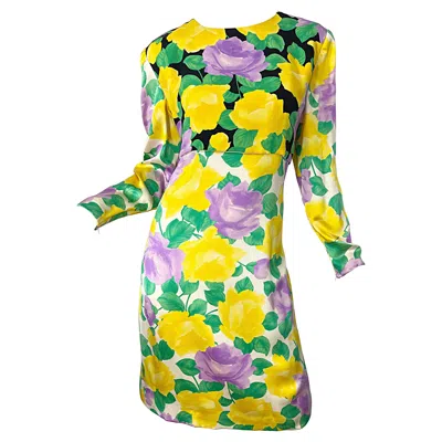 Pre-owned Galanos 1980s  Couture Rose Print Long Sleeve Yellow Purple Vintage 80s Dress