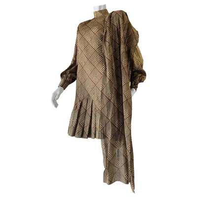 Pre-owned Galanos 1980s  Silk Dress In A Hounds Tooth Plaid W/ Matching Wool Jacket & Scarf In Brown
