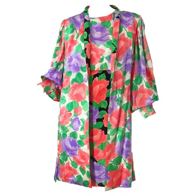 Pre-owned Galanos 1980s James  Rose Floral Print Silk Vintage 80s Dress + Swing Jacket In Red