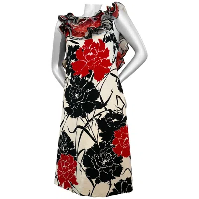 Pre-owned Galanos 1980s James  Silk A-line Dress In Bold B/w & Red Floral Print W Ruffles