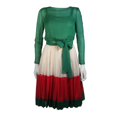 Pre-owned Galanos Attributed Silk Chiffon Green Red Cream Cocktail Dress Size Small Medium In White
