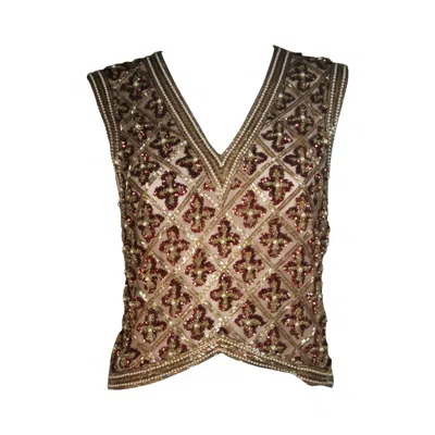 Pre-owned Galanos Attributed To  Gold And Burgundy Relief Beaded Blouse Size Small Medium In Red
