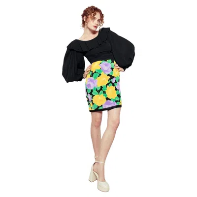 Pre-owned Galanos Black & Floral Silk Balloon Sleeve Cocktail Dress