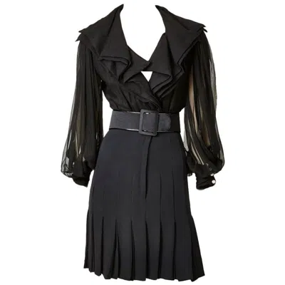 Pre-owned Galanos Chiffon Dinner Dress With Flounced Collar In Black