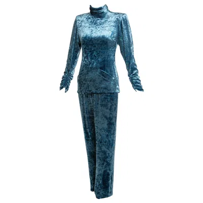 Pre-owned Galanos Couture Blue Velvet Evening Tunic Top Pants Suit, 1980s