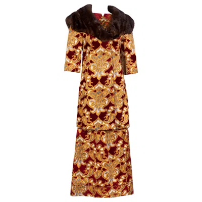 Pre-owned Galanos Couture Red Gold Velvet Fur Trimmed Coat & Dress Ensemble, 1982