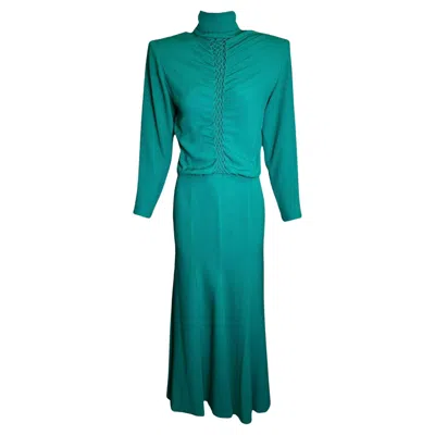 Pre-owned Galanos Emerald Green Gown W/ Woven Front Detail, 1980s