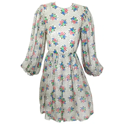 Pre-owned Galanos Floral Dot Print Billow Sleeve Cut-out Silk Cocktail Dress, 1970s In Gray