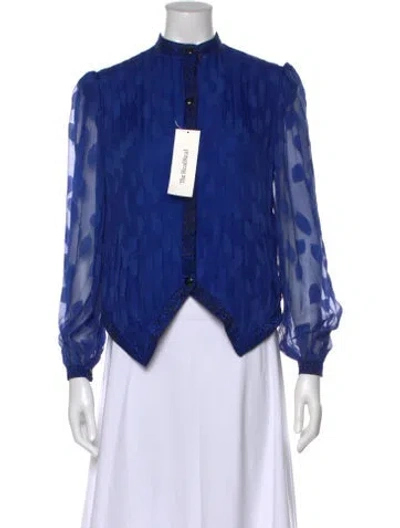 Pre-owned Galanos Floral Print Long Sleeve Blouse In Blue