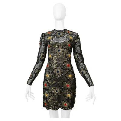 Pre-owned Galanos James  Black & Gold Lace Dress With Embroidered Gold Starbursts