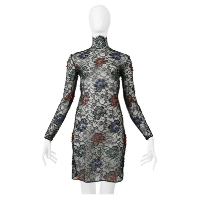 Pre-owned Galanos James  Black Lace Dress With Red, Blue & Green Velvet Pom Poms