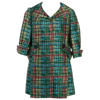 Pre-owned Galanos James  Couture Emerald Colorful Print Side Pleat Coat, 1970s In Green