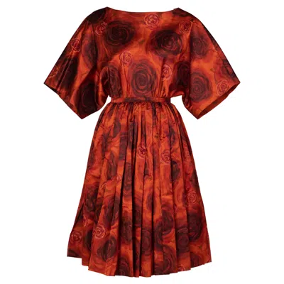 Pre-owned Galanos James  Orange Purple Copper Floral Silk Party Dress, 1960s