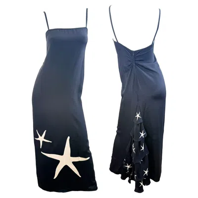 Pre-owned Galanos James  Vintage 1990s Black Silk Starfish Print Slip Gown 90s Maxi Dress