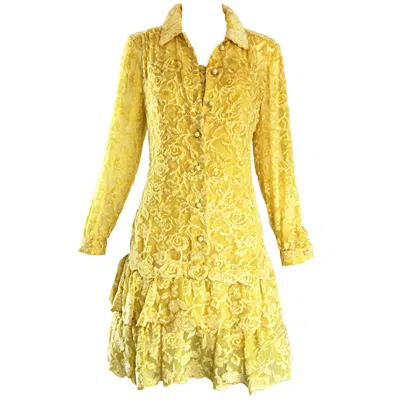 Pre-owned Galanos James  Vintage Canary Yellow Silk + Velvet Burn Out Dress And Blouse