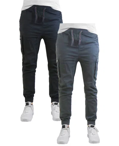 Galaxy By Harvic Men's Cotton Stretch Twill Cargo Joggers, Pack Of 2 In Black,gray