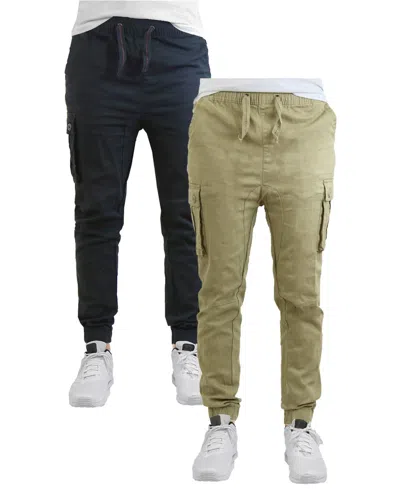 Galaxy By Harvic Men's Cotton Stretch Twill Cargo Joggers, Pack Of 2 In Black,khaki