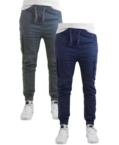 Galaxy By Harvic Men's Cotton Stretch Twill Cargo Joggers, Pack Of 2 In Navy,gray